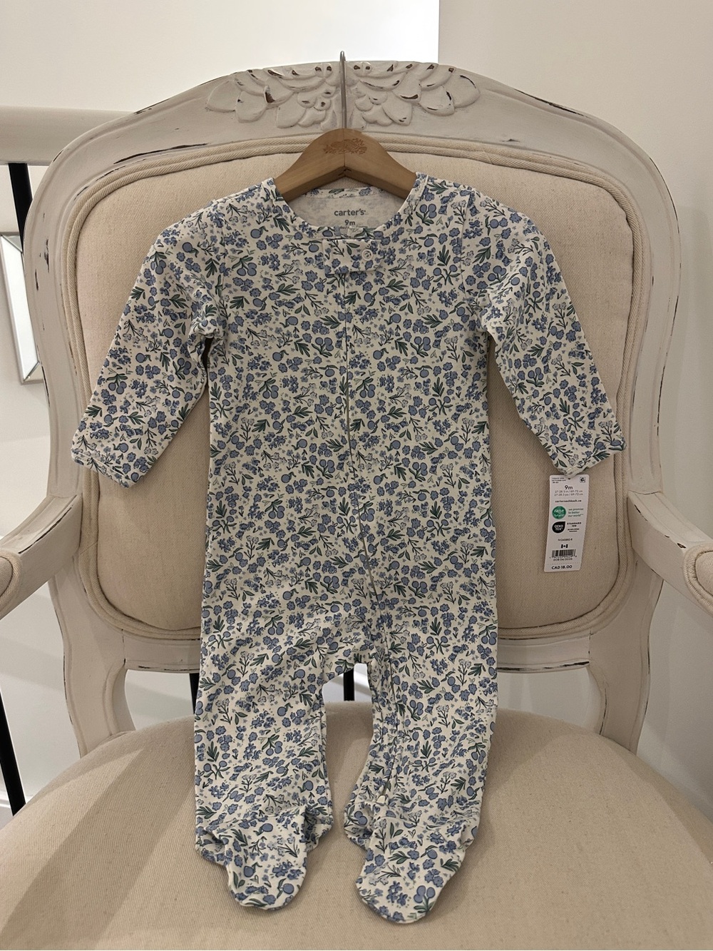 🤍 9 Mth Feminine Blue Floral Footed Baby Sleeper on Ivory 100% Cotton NWT